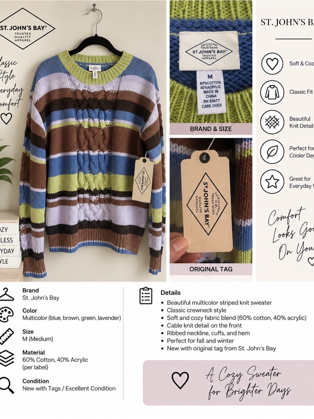 St. John's Bay Multicolor Striped Cable Knit Sweater - Blue/Brown/Green/Lavender